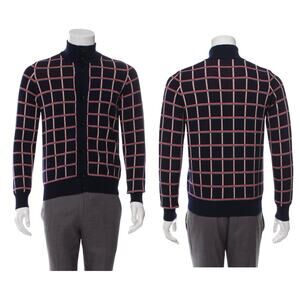 LOUIS VUITTON Jacquard Windowpane Check Cardigan Navy Wool
